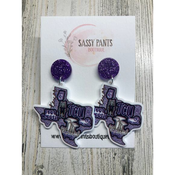 TCU Horned Frogs Texas Christian University TX Sparkle Earrings NEW - Picture 1 of 1